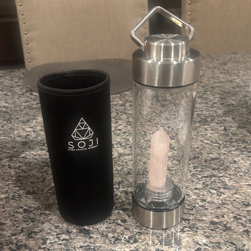 SOJI Crystal Energy Infused Glass Water Bottle with Sleeve